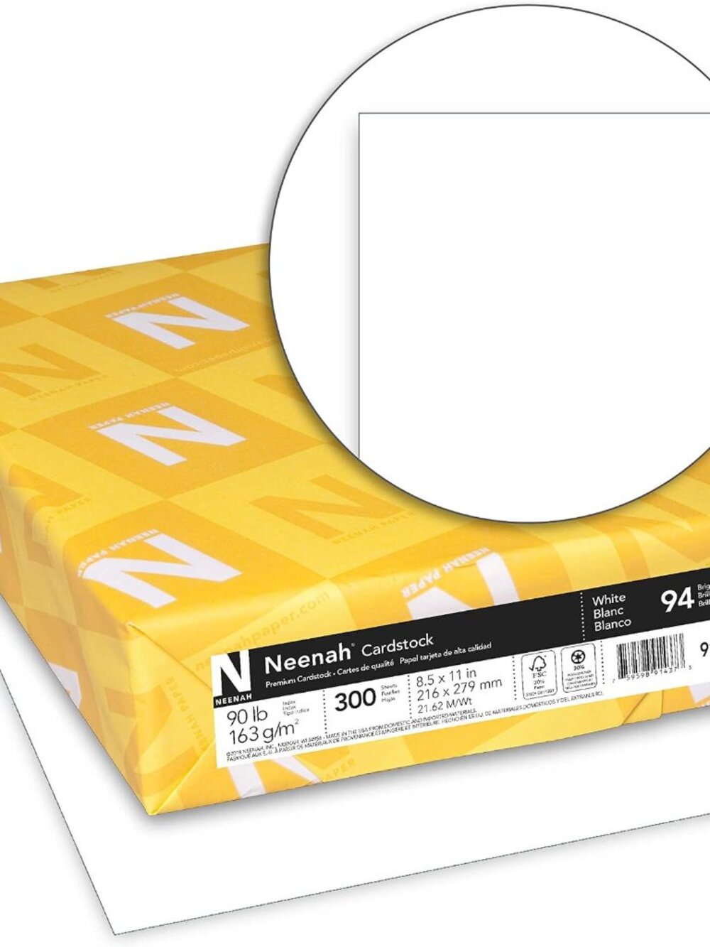 Index Cardstock, 8.5" x 11", 90 lb./163 gsm, White, 300 Sheets, Lightweight, 94
